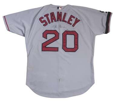 2002 Mike Stanley Game Used & Signed Boston Red Sox Road Jersey With Ted Williams Memorial Number & Armband Gifted To Michelle Akers (Akers LOA & Beckett PreCert)